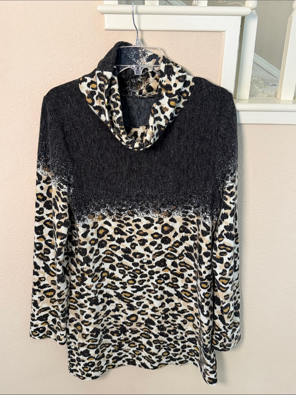 Style & Co. Cheetah Animal Print Gray Cowl Neck Pullover Tunic Sweater
